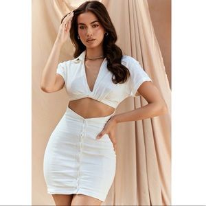 House of CB WHITE TWIST FRONT CUTOUT SHIRT MINI DRESS